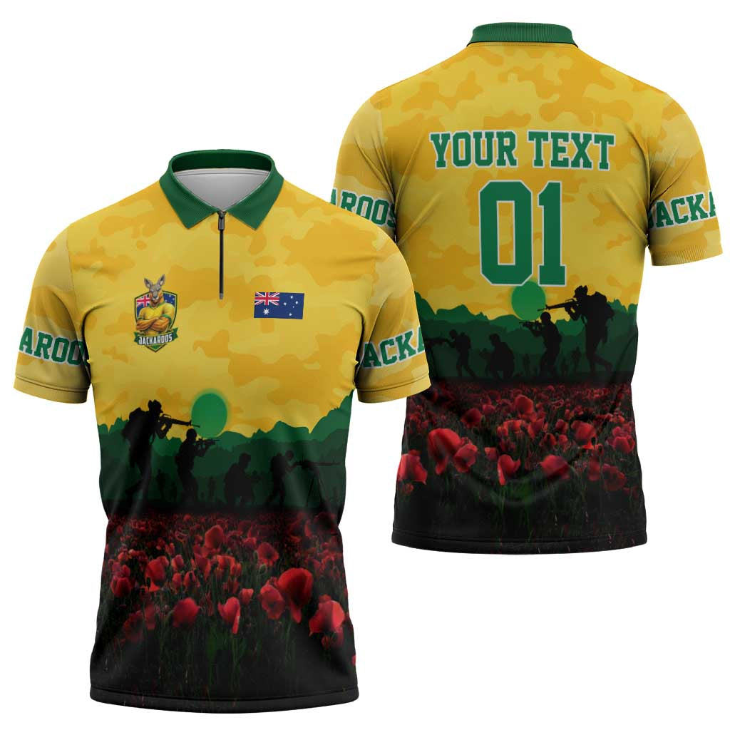 Personalized Australian Jackaroos ANZAC Zipper Polo Shirt Poppy Field Soldiers Silhouette Sunset Commemorative Design