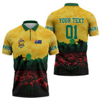 Personalized Australian Jackaroos ANZAC Zipper Polo Shirt Poppy Field Soldiers Silhouette Sunset Commemorative Design