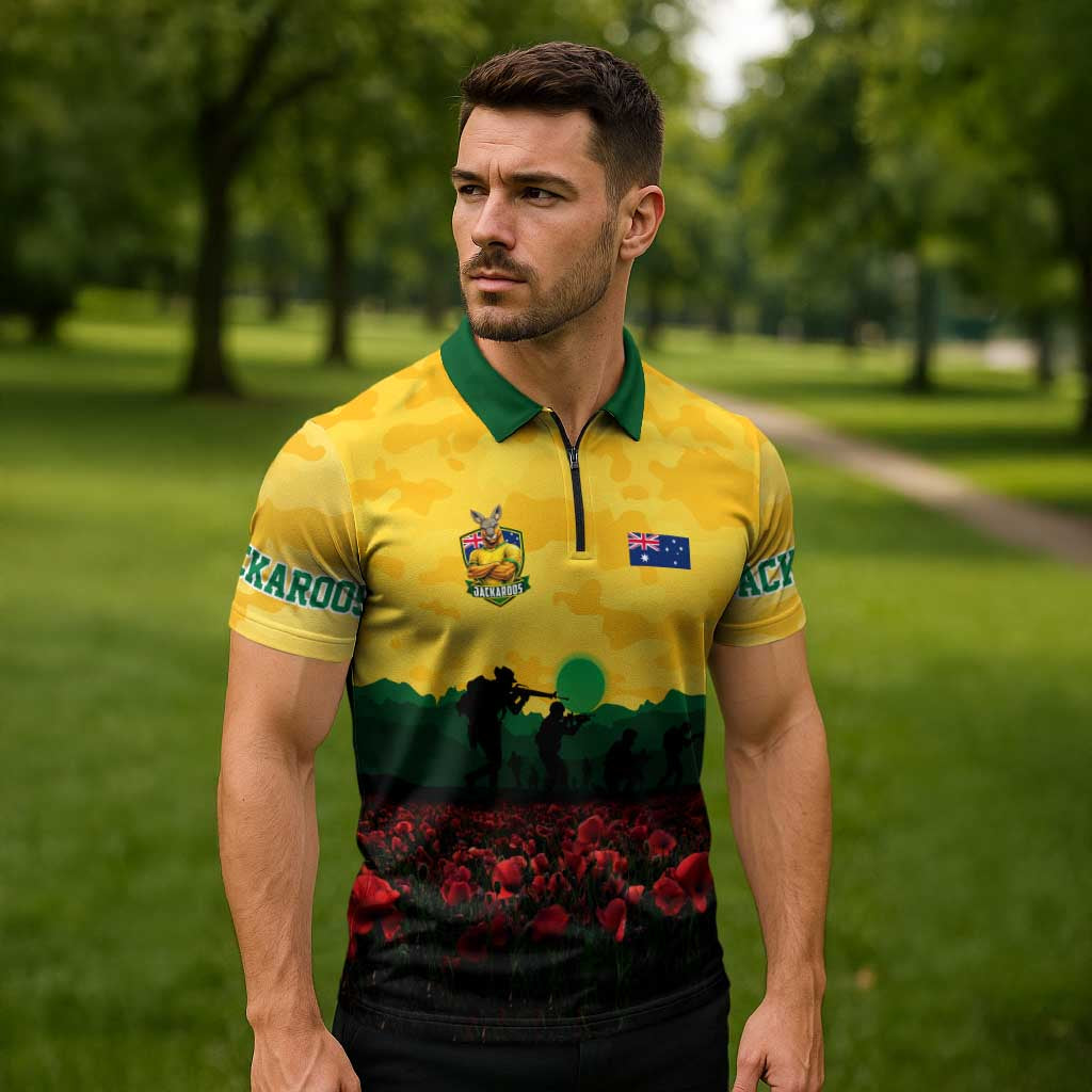 Personalized Australian Jackaroos ANZAC Zipper Polo Shirt Poppy Field Soldiers Silhouette Sunset Commemorative Design