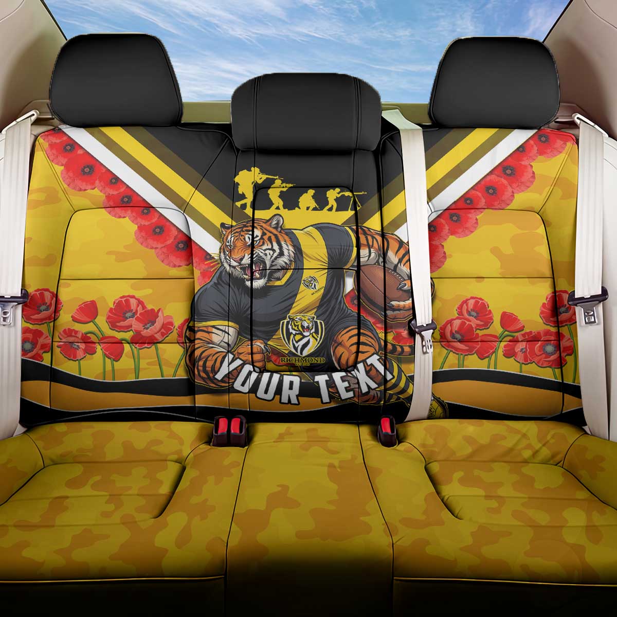 Personalised Richmond Tiger ANZAC Back Car Seat Cover Military Remembrance Australian Football Mascot Camouflage
