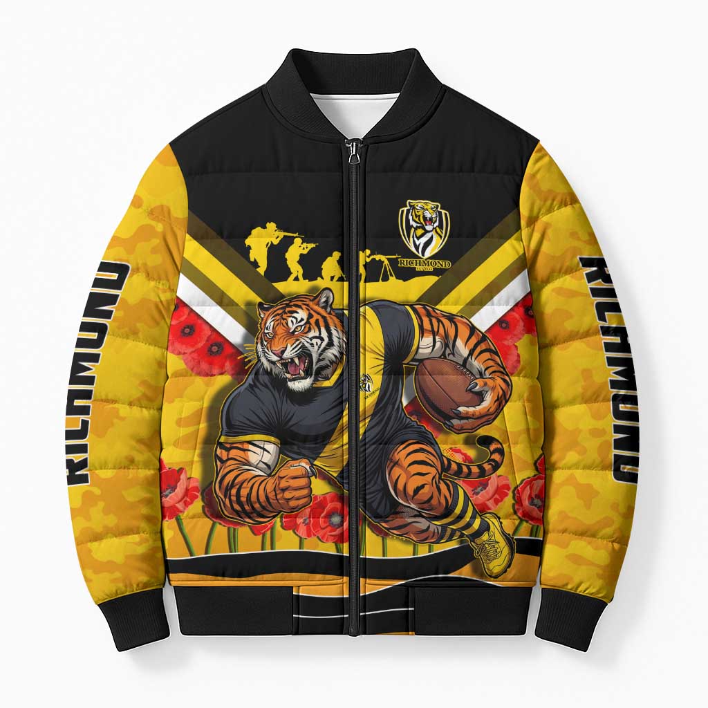 Personalised Richmond Tiger ANZAC Bomber Puffer Jacket Military Remembrance Australian Football Mascot Camouflage