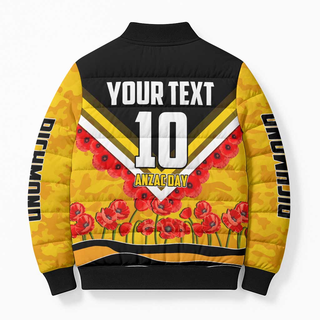 Personalised Richmond Tiger ANZAC Bomber Puffer Jacket Military Remembrance Australian Football Mascot Camouflage