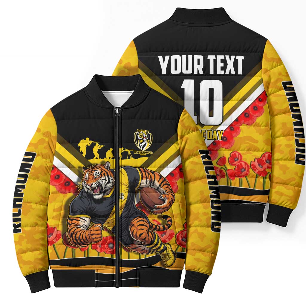 Personalised Richmond Tiger ANZAC Bomber Puffer Jacket Military Remembrance Australian Football Mascot Camouflage