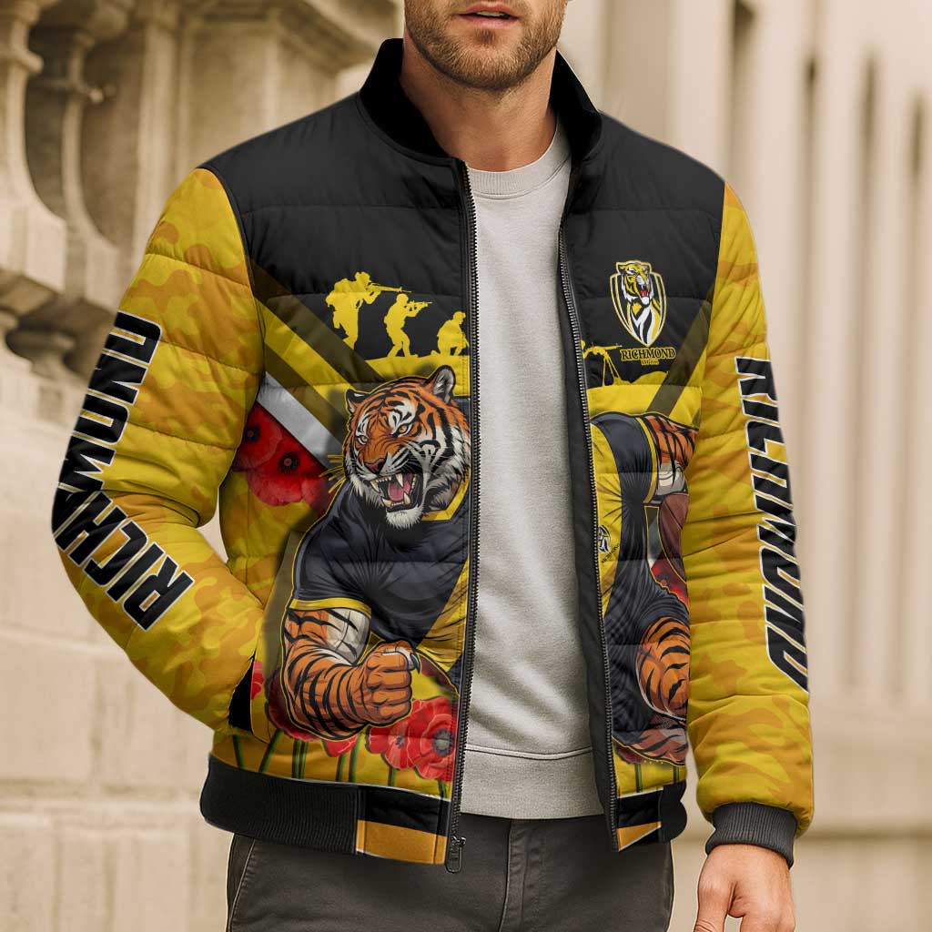 Personalised Richmond Tiger ANZAC Bomber Puffer Jacket Military Remembrance Australian Football Mascot Camouflage