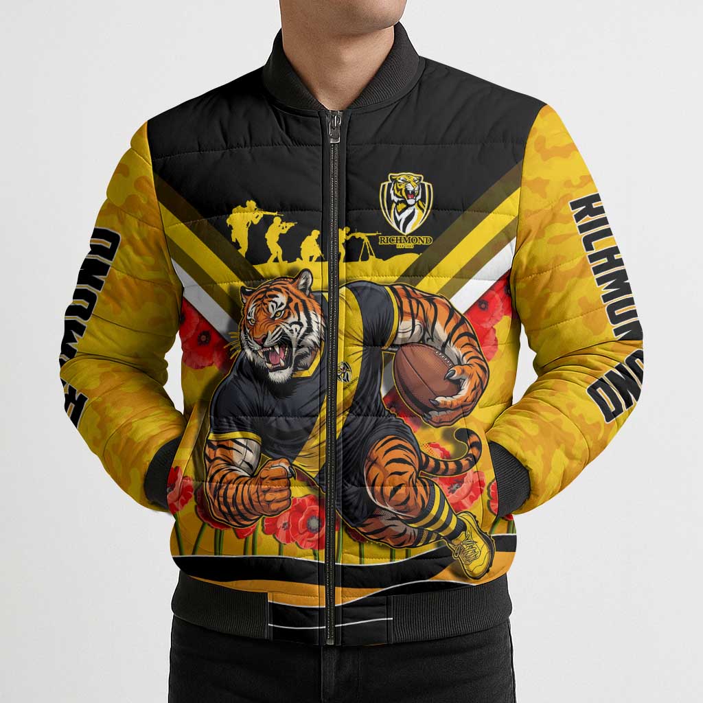 Personalised Richmond Tiger ANZAC Bomber Puffer Jacket Military Remembrance Australian Football Mascot Camouflage