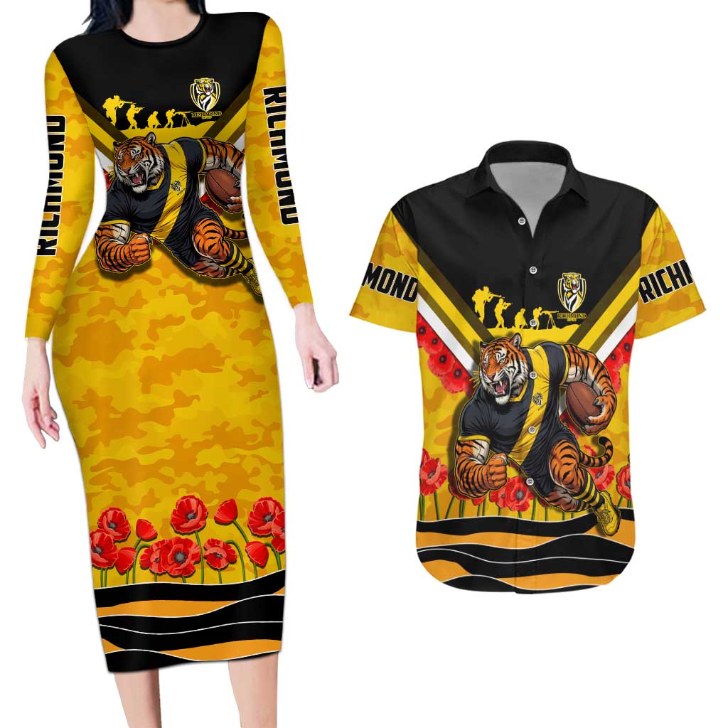 Personalised Richmond Tiger ANZAC Couples Matching Long Sleeve Bodycon Dress and Hawaiian Shirt Military Remembrance Australian Football Mascot Camouflage