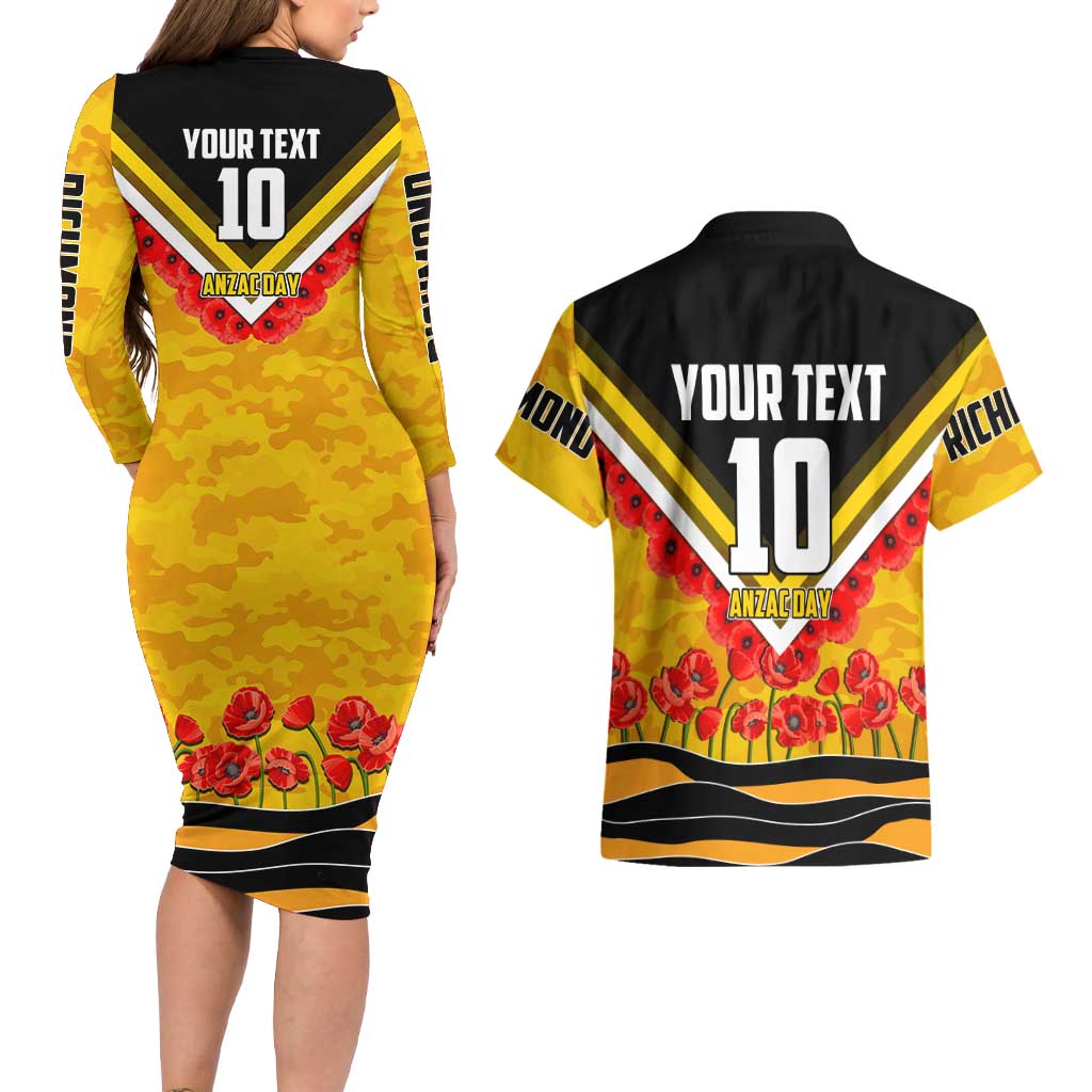 Personalised Richmond Tiger ANZAC Couples Matching Long Sleeve Bodycon Dress and Hawaiian Shirt Military Remembrance Australian Football Mascot Camouflage