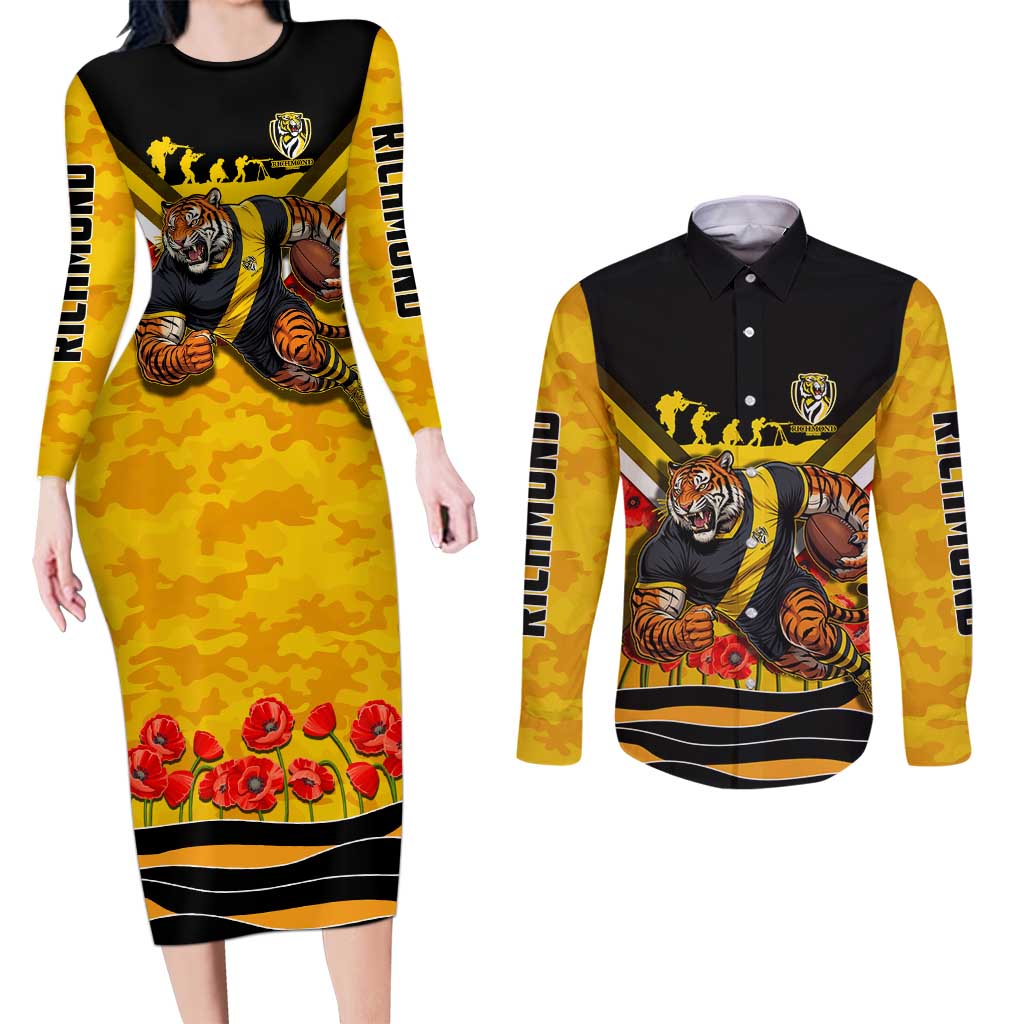 Personalised Richmond Tiger ANZAC Couples Matching Long Sleeve Bodycon Dress and Long Sleeve Button Shirt Military Remembrance Australian Football Mascot Camouflage