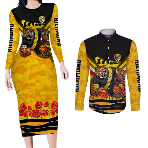 Personalised Richmond Tiger ANZAC Couples Matching Long Sleeve Bodycon Dress and Long Sleeve Button Shirt Military Remembrance Australian Football Mascot Camouflage
