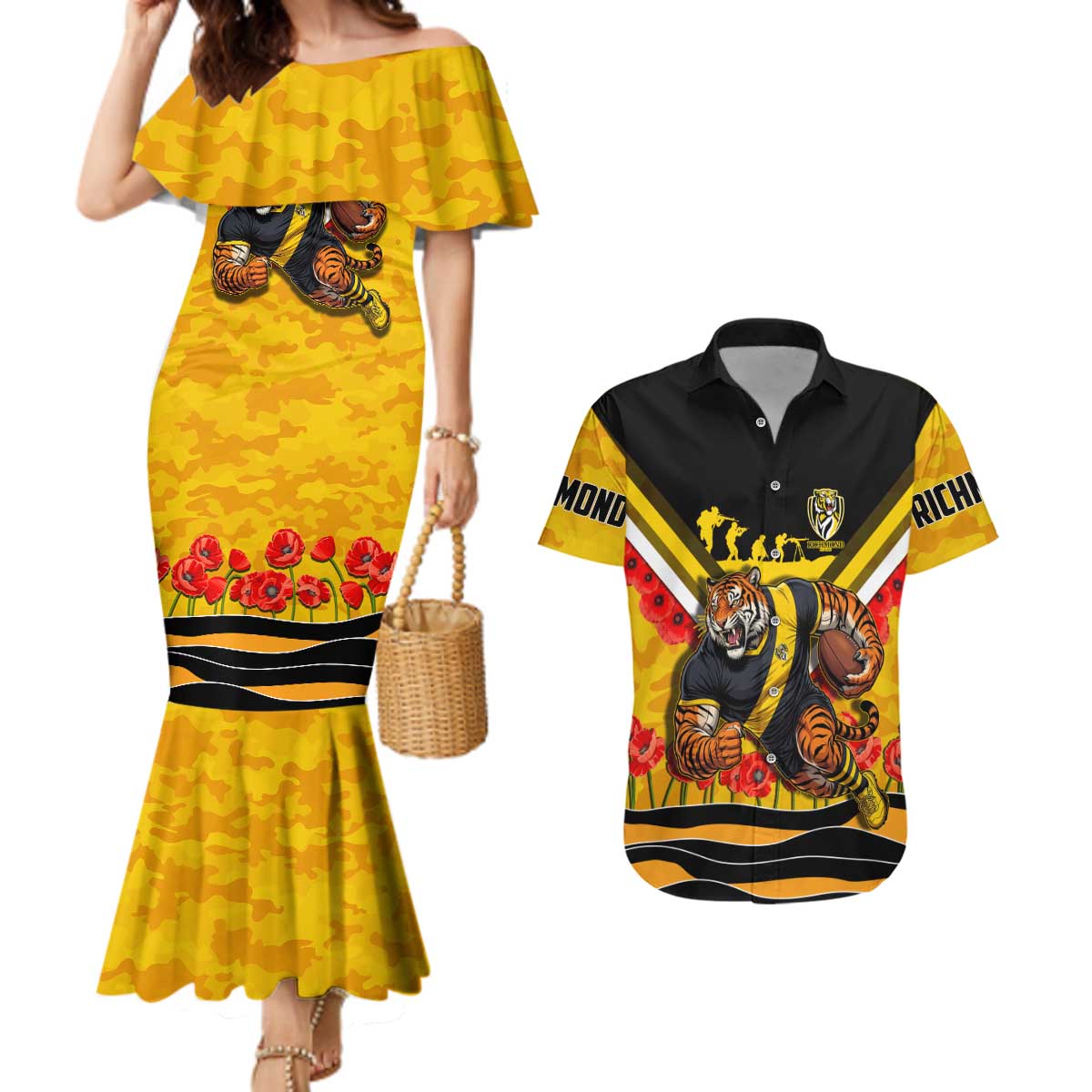 Personalised Richmond Tiger ANZAC Couples Matching Mermaid Dress and Hawaiian Shirt Military Remembrance Australian Football Mascot Camouflage