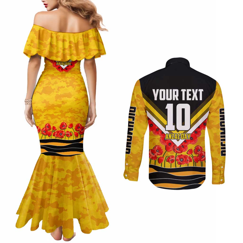 Personalised Richmond Tiger ANZAC Couples Matching Mermaid Dress and Long Sleeve Button Shirt Military Remembrance Australian Football Mascot Camouflage