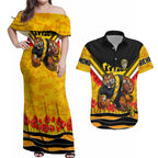 Personalised Richmond Tiger ANZAC Couples Matching Off Shoulder Maxi Dress and Hawaiian Shirt Military Remembrance Australian Football Mascot Camouflage