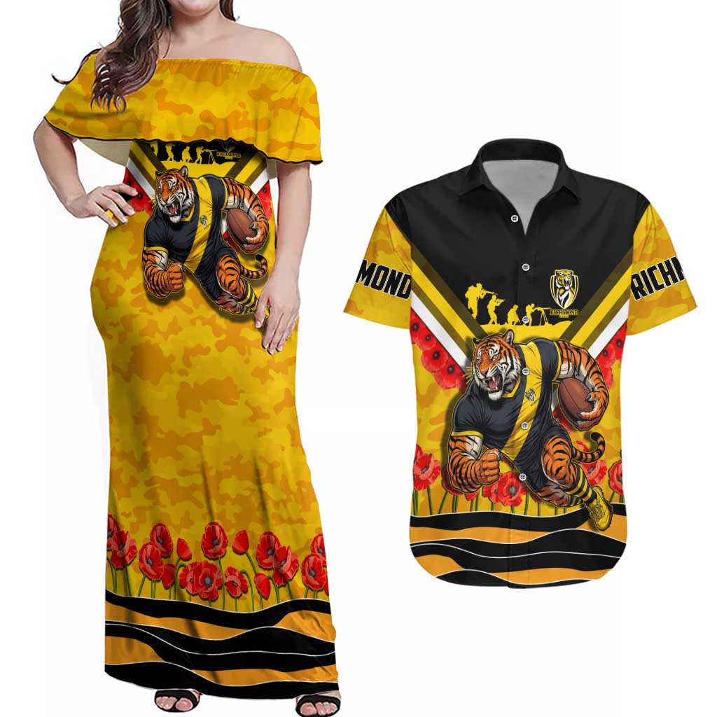 Personalised Richmond Tiger ANZAC Couples Matching Off Shoulder Maxi Dress and Hawaiian Shirt Military Remembrance Australian Football Mascot Camouflage