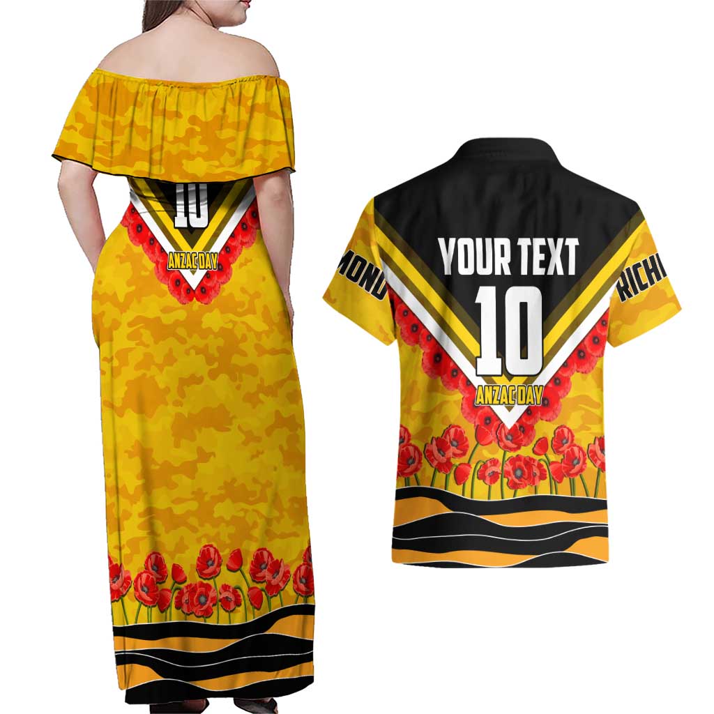 Personalised Richmond Tiger ANZAC Couples Matching Off Shoulder Maxi Dress and Hawaiian Shirt Military Remembrance Australian Football Mascot Camouflage