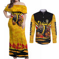 Personalised Richmond Tiger ANZAC Couples Matching Off Shoulder Maxi Dress and Long Sleeve Button Shirt Military Remembrance Australian Football Mascot Camouflage