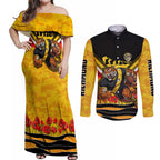 Personalised Richmond Tiger ANZAC Couples Matching Off Shoulder Maxi Dress and Long Sleeve Button Shirt Military Remembrance Australian Football Mascot Camouflage