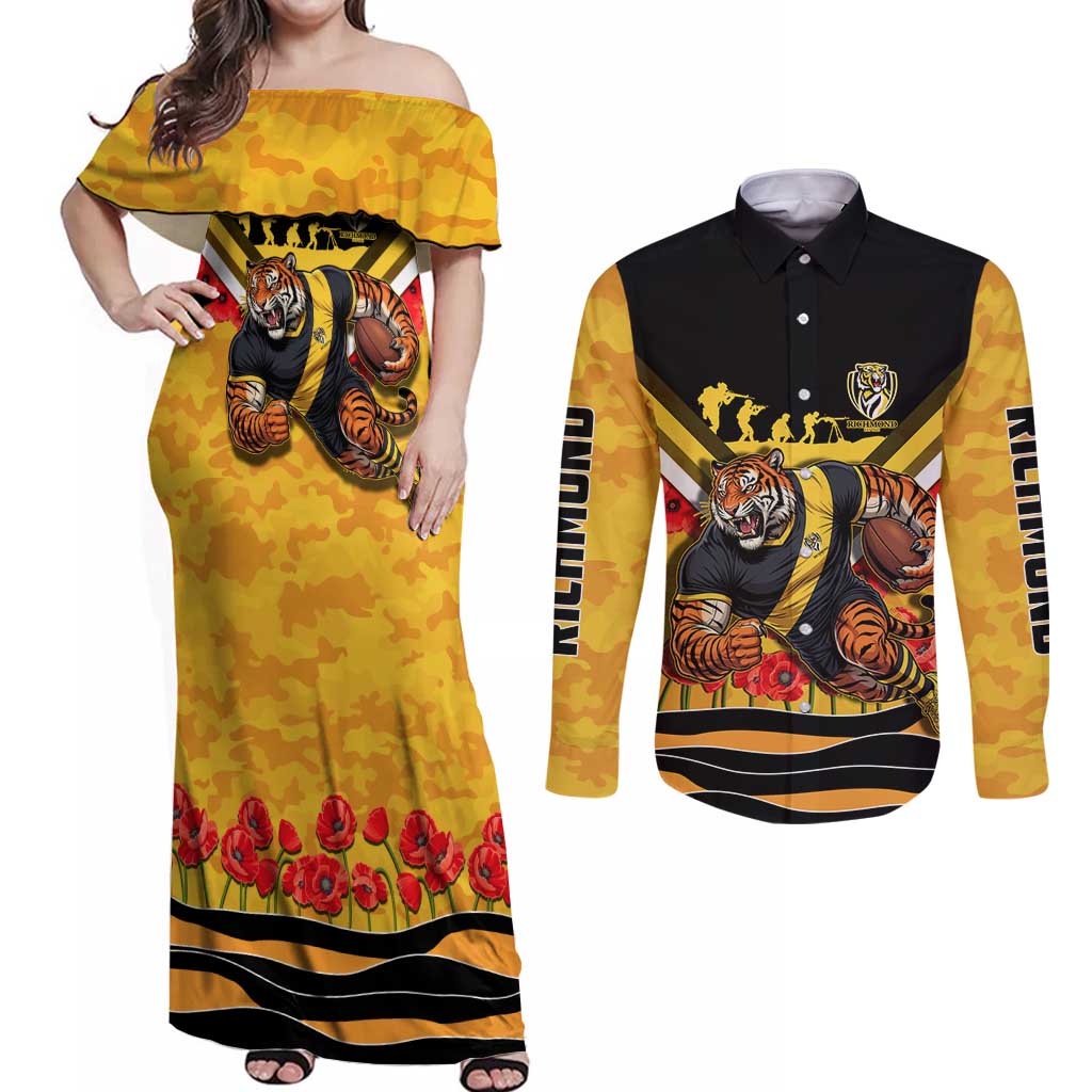 Personalised Richmond Tiger ANZAC Couples Matching Off Shoulder Maxi Dress and Long Sleeve Button Shirt Military Remembrance Australian Football Mascot Camouflage