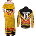 Personalised Richmond Tiger ANZAC Couples Matching Off Shoulder Maxi Dress and Long Sleeve Button Shirt Military Remembrance Australian Football Mascot Camouflage