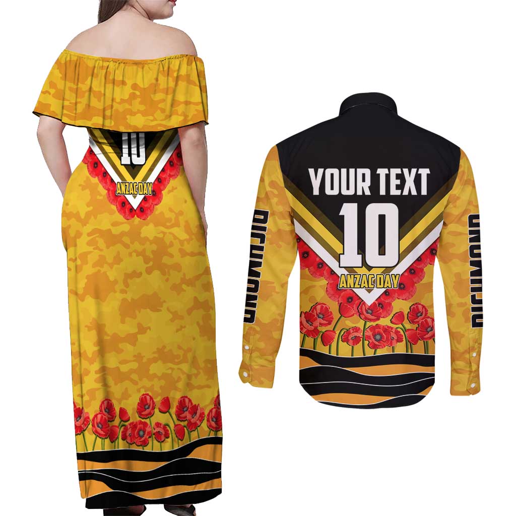 Personalised Richmond Tiger ANZAC Couples Matching Off Shoulder Maxi Dress and Long Sleeve Button Shirt Military Remembrance Australian Football Mascot Camouflage