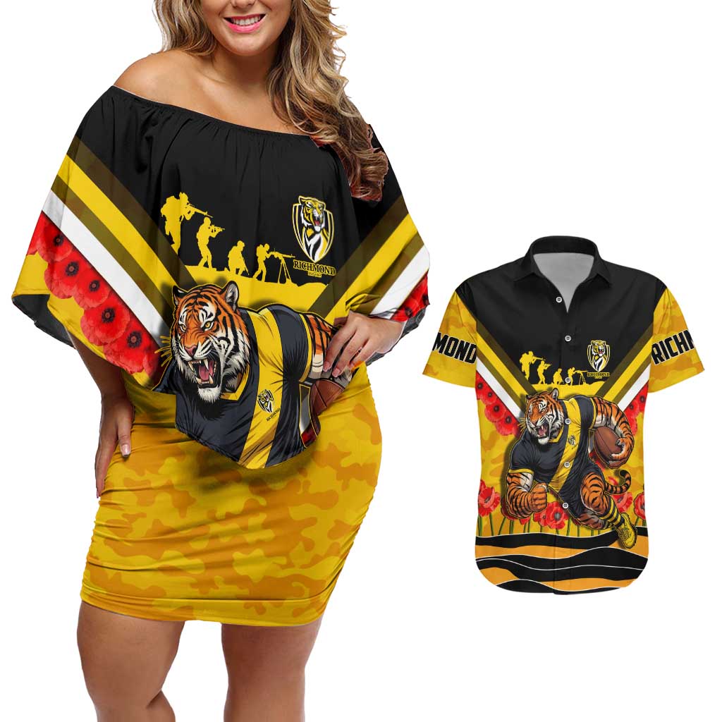 Personalised Richmond Tiger ANZAC Couples Matching Off Shoulder Short Dress and Hawaiian Shirt Military Remembrance Australian Football Mascot Camouflage