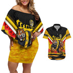Personalised Richmond Tiger ANZAC Couples Matching Off Shoulder Short Dress and Hawaiian Shirt Military Remembrance Australian Football Mascot Camouflage