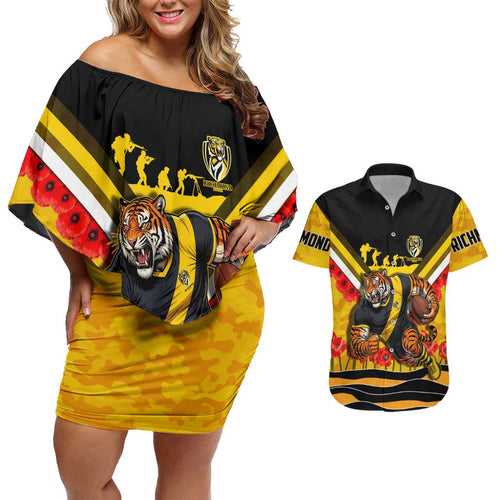 Personalised Richmond Tiger ANZAC Couples Matching Off Shoulder Short Dress and Hawaiian Shirt Military Remembrance Australian Football Mascot Camouflage