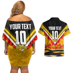Personalised Richmond Tiger ANZAC Couples Matching Off Shoulder Short Dress and Hawaiian Shirt Military Remembrance Australian Football Mascot Camouflage