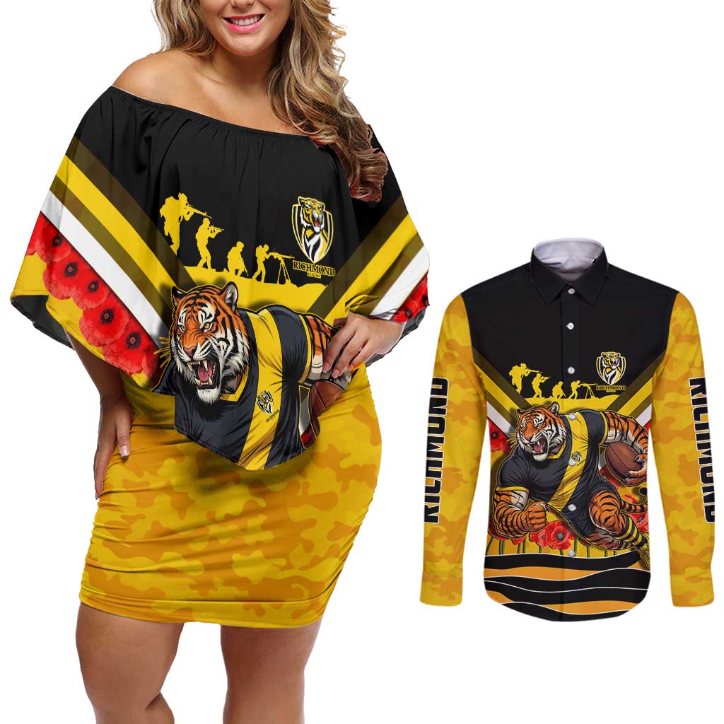 Personalised Richmond Tiger ANZAC Couples Matching Off Shoulder Short Dress and Long Sleeve Button Shirt Military Remembrance Australian Football Mascot Camouflage