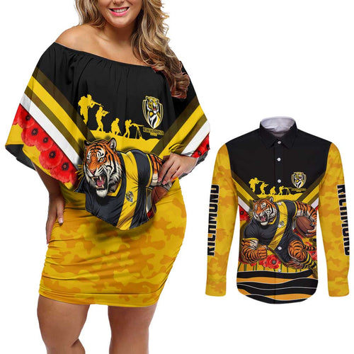 Personalised Richmond Tiger ANZAC Couples Matching Off Shoulder Short Dress and Long Sleeve Button Shirt Military Remembrance Australian Football Mascot Camouflage