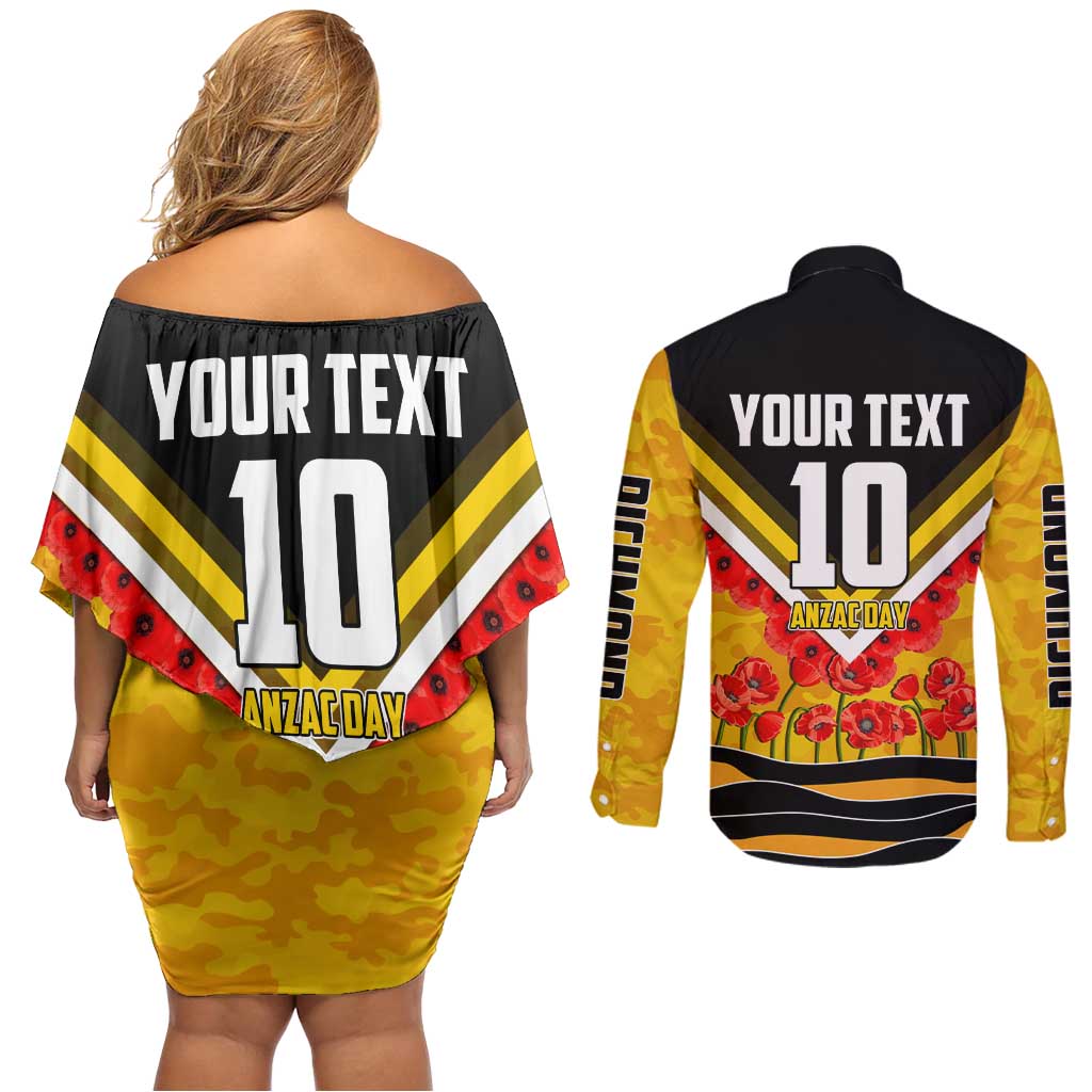 Personalised Richmond Tiger ANZAC Couples Matching Off Shoulder Short Dress and Long Sleeve Button Shirt Military Remembrance Australian Football Mascot Camouflage