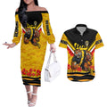 Personalised Richmond Tiger ANZAC Couples Matching Off The Shoulder Long Sleeve Dress and Hawaiian Shirt Military Remembrance Australian Football Mascot Camouflage