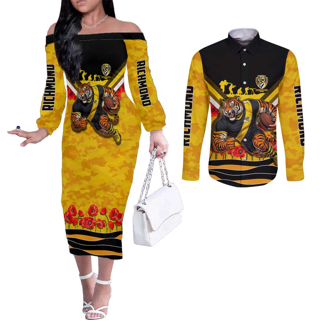 Personalised Richmond Tiger ANZAC Couples Matching Off The Shoulder Long Sleeve Dress and Long Sleeve Button Shirt Military Remembrance Australian Football Mascot Camouflage