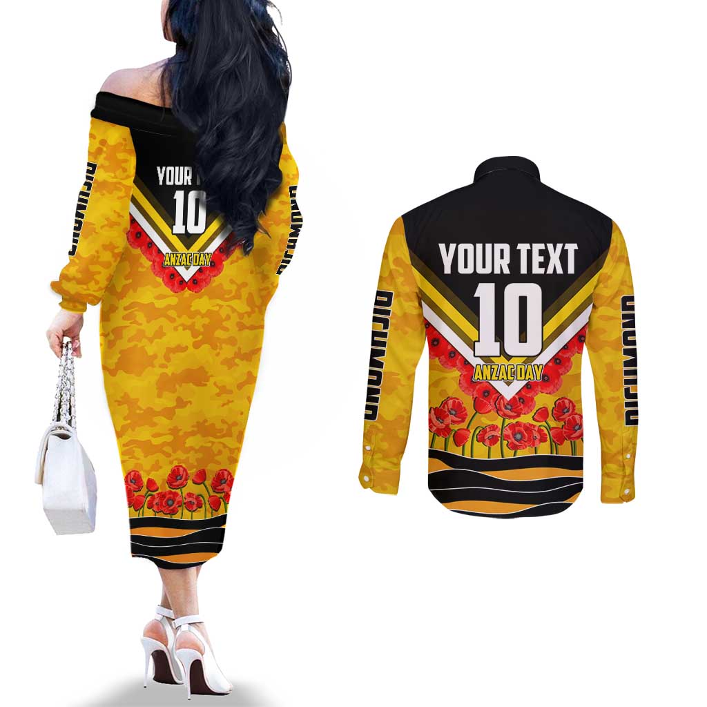 Personalised Richmond Tiger ANZAC Couples Matching Off The Shoulder Long Sleeve Dress and Long Sleeve Button Shirt Military Remembrance Australian Football Mascot Camouflage