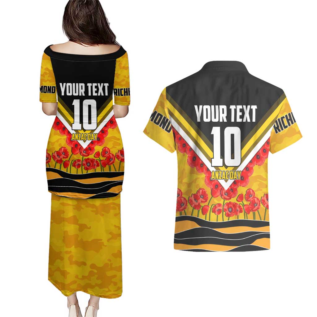 Personalised Richmond Tiger ANZAC Couples Matching Puletasi and Hawaiian Shirt Military Remembrance Australian Football Mascot Camouflage