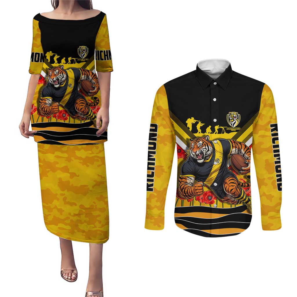 Personalised Richmond Tiger ANZAC Couples Matching Puletasi and Long Sleeve Button Shirt Military Remembrance Australian Football Mascot Camouflage