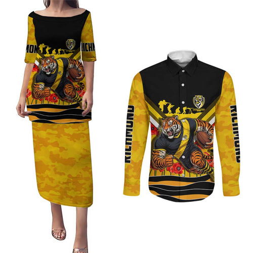 Personalised Richmond Tiger ANZAC Couples Matching Puletasi and Long Sleeve Button Shirt Military Remembrance Australian Football Mascot Camouflage
