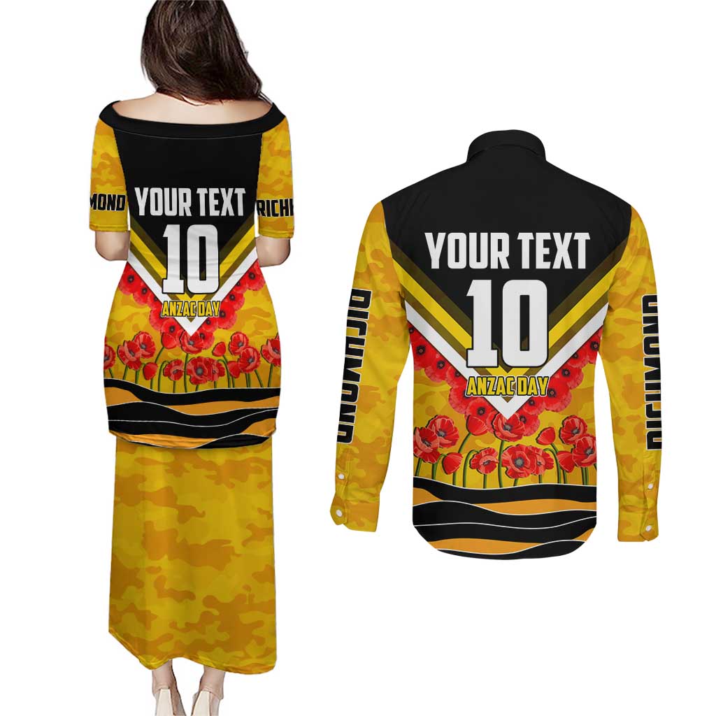 Personalised Richmond Tiger ANZAC Couples Matching Puletasi and Long Sleeve Button Shirt Military Remembrance Australian Football Mascot Camouflage