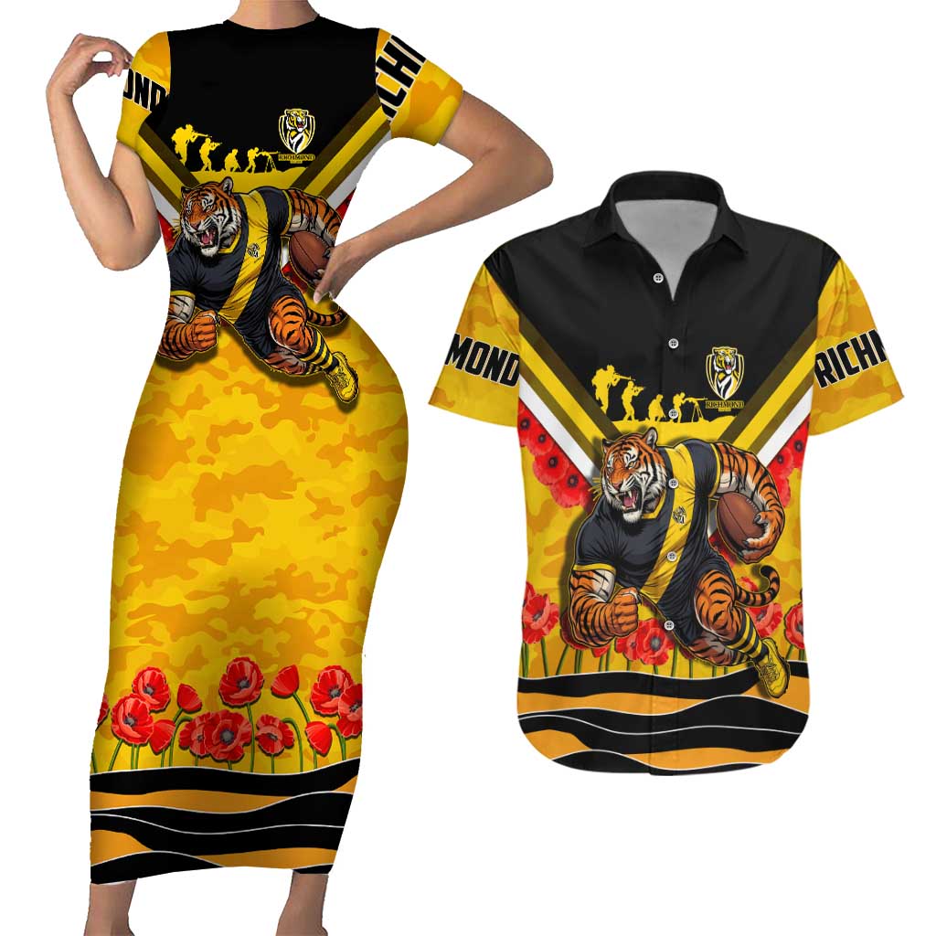 Personalised Richmond Tiger ANZAC Couples Matching Short Sleeve Bodycon Dress and Hawaiian Shirt Military Remembrance Australian Football Mascot Camouflage
