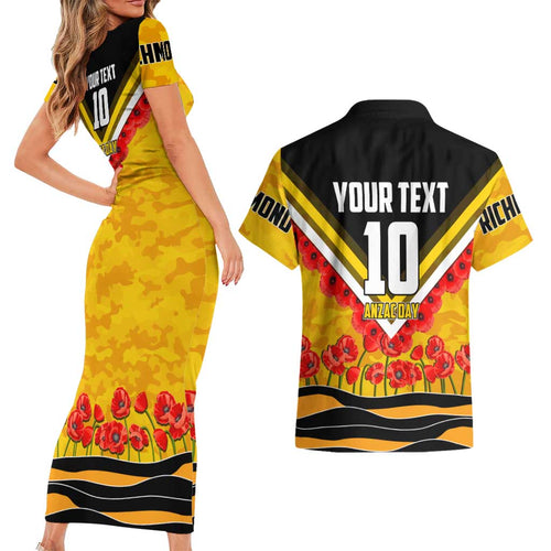 Personalised Richmond Tiger ANZAC Couples Matching Short Sleeve Bodycon Dress and Hawaiian Shirt Military Remembrance Australian Football Mascot Camouflage