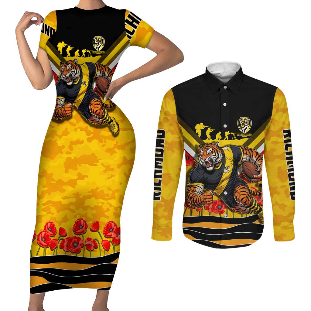 Personalised Richmond Tiger ANZAC Couples Matching Short Sleeve Bodycon Dress and Long Sleeve Button Shirt Military Remembrance Australian Football Mascot Camouflage