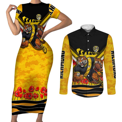 Personalised Richmond Tiger ANZAC Couples Matching Short Sleeve Bodycon Dress and Long Sleeve Button Shirt Military Remembrance Australian Football Mascot Camouflage