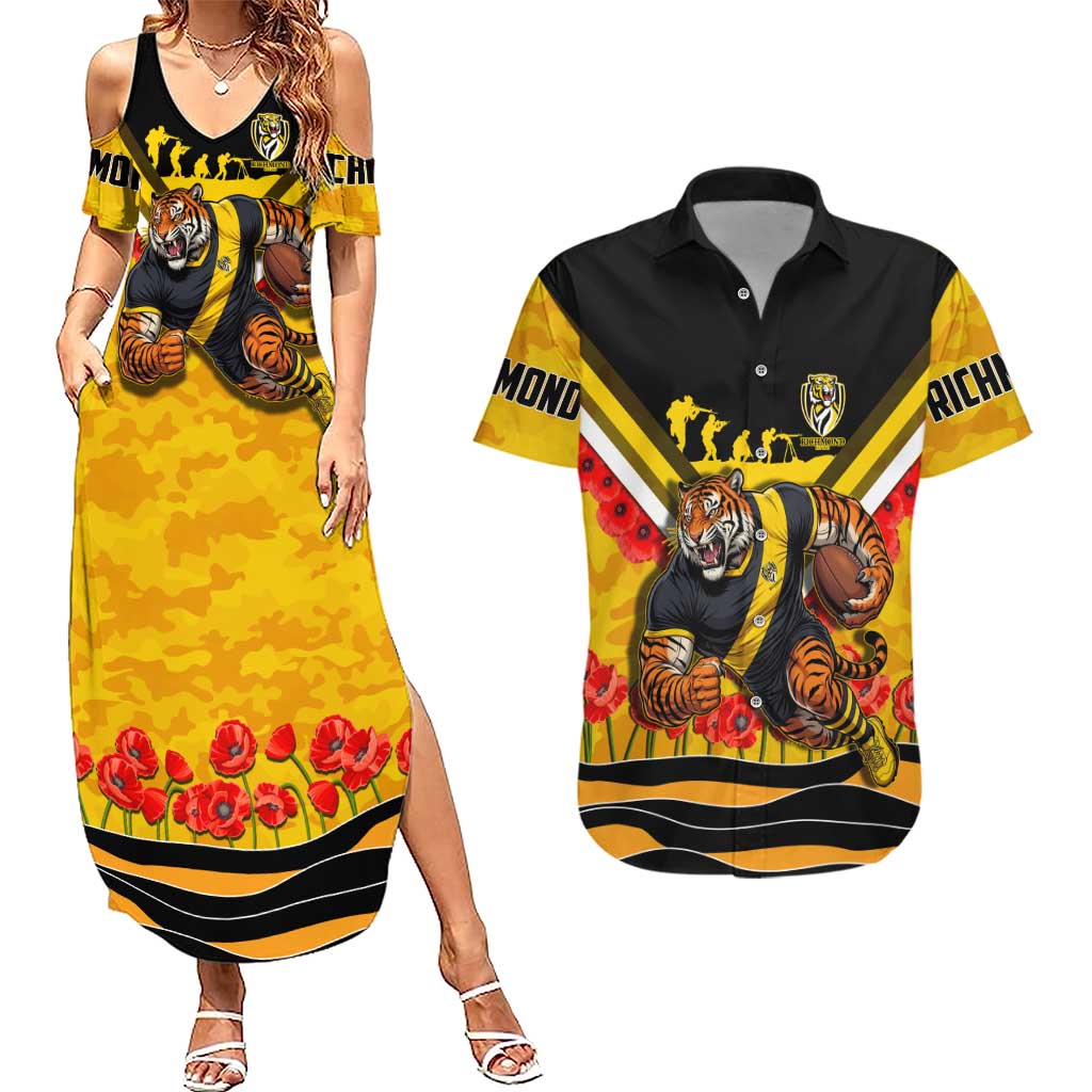 Personalised Richmond Tiger ANZAC Couples Matching Summer Maxi Dress and Hawaiian Shirt Military Remembrance Australian Football Mascot Camouflage