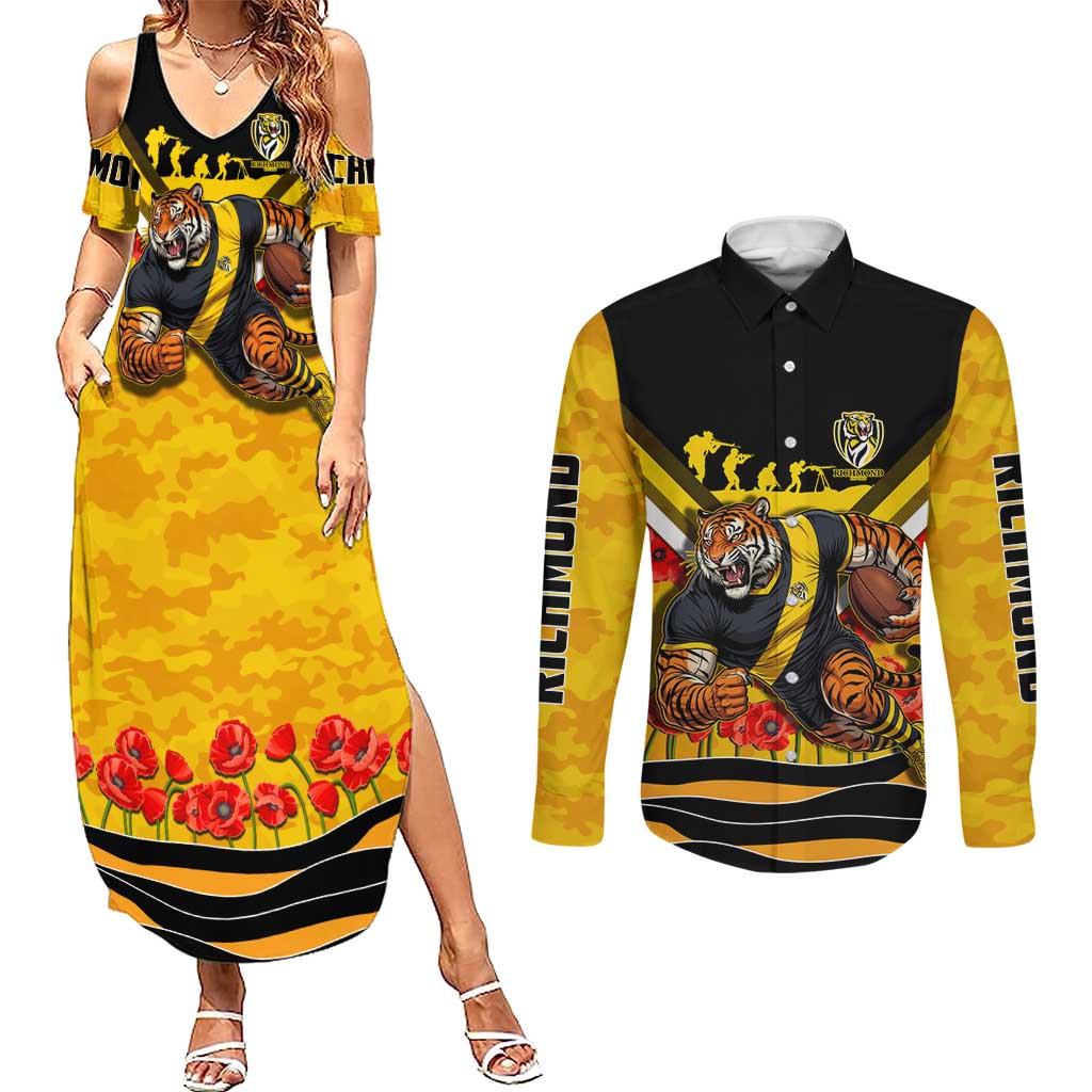 Personalised Richmond Tiger ANZAC Couples Matching Summer Maxi Dress and Long Sleeve Button Shirt Military Remembrance Australian Football Mascot Camouflage