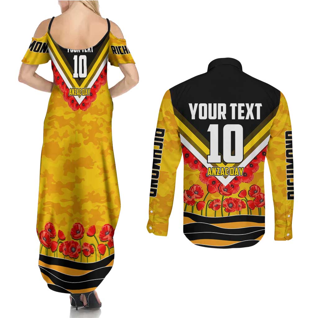 Personalised Richmond Tiger ANZAC Couples Matching Summer Maxi Dress and Long Sleeve Button Shirt Military Remembrance Australian Football Mascot Camouflage