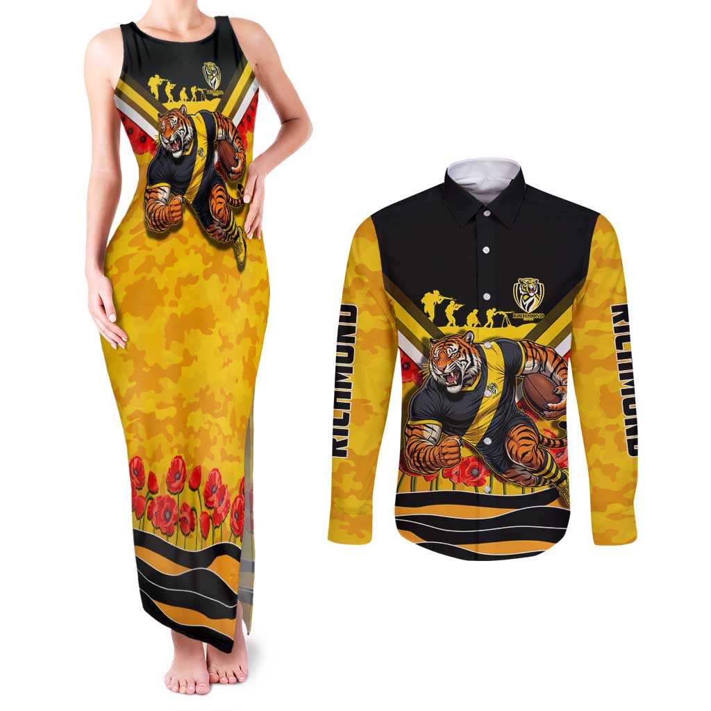Personalised Richmond Tiger ANZAC Couples Matching Tank Maxi Dress and Long Sleeve Button Shirt Military Remembrance Australian Football Mascot Camouflage