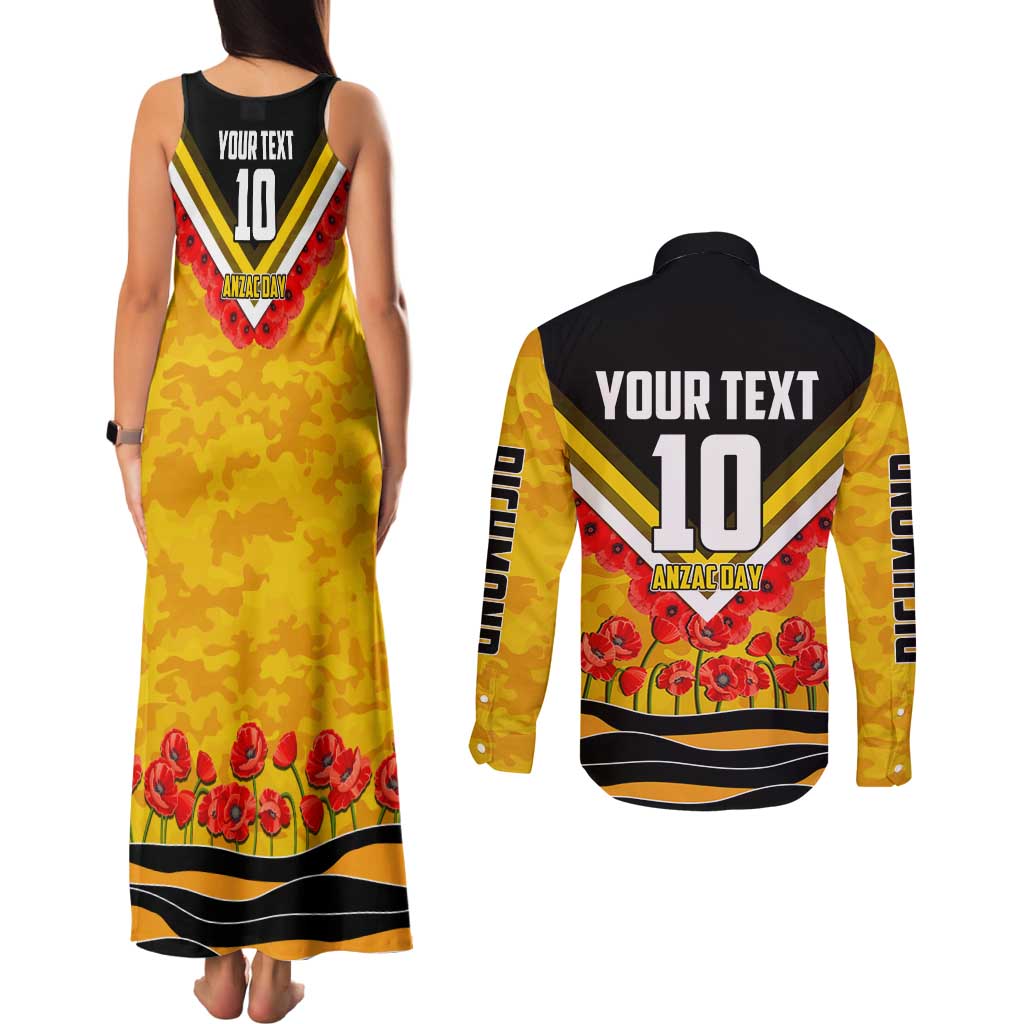Personalised Richmond Tiger ANZAC Couples Matching Tank Maxi Dress and Long Sleeve Button Shirt Military Remembrance Australian Football Mascot Camouflage