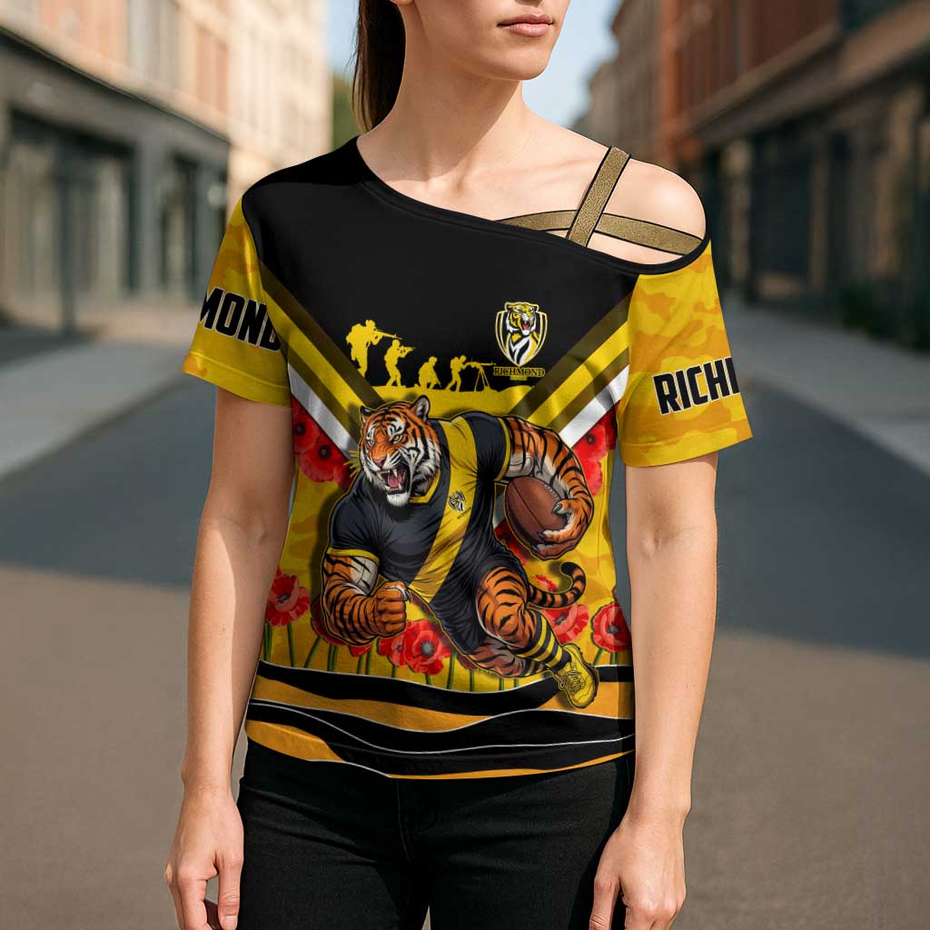 Personalised Richmond Tiger ANZAC Cross Shoulder Shirt Military Remembrance Australian Football Mascot Camouflage