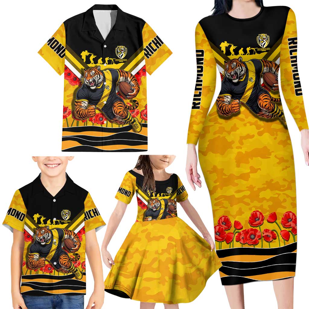 Personalised Richmond Tiger ANZAC Family Matching Long Sleeve Bodycon Dress and Hawaiian Shirt Military Remembrance Australian Football Mascot Camouflage