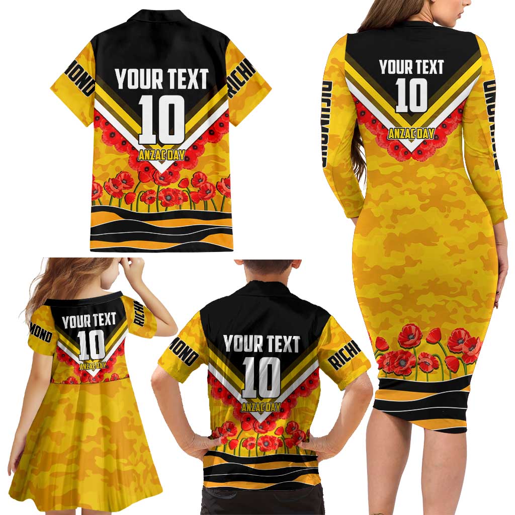 Personalised Richmond Tiger ANZAC Family Matching Long Sleeve Bodycon Dress and Hawaiian Shirt Military Remembrance Australian Football Mascot Camouflage