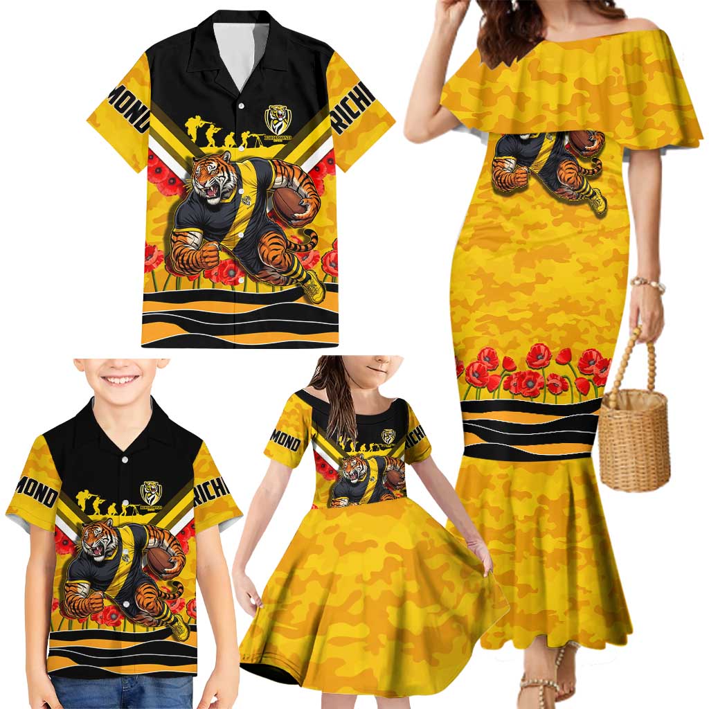 Personalised Richmond Tiger ANZAC Family Matching Mermaid Dress and Hawaiian Shirt Military Remembrance Australian Football Mascot Camouflage